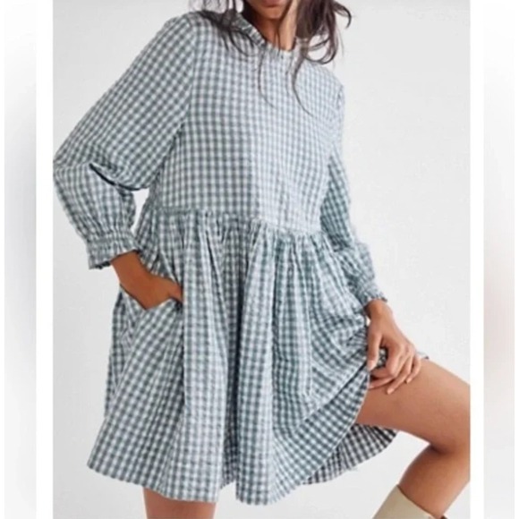 Free People Dresses & Skirts - Free People Blue Gingham Babydoll Tunic Dress Women Size Small